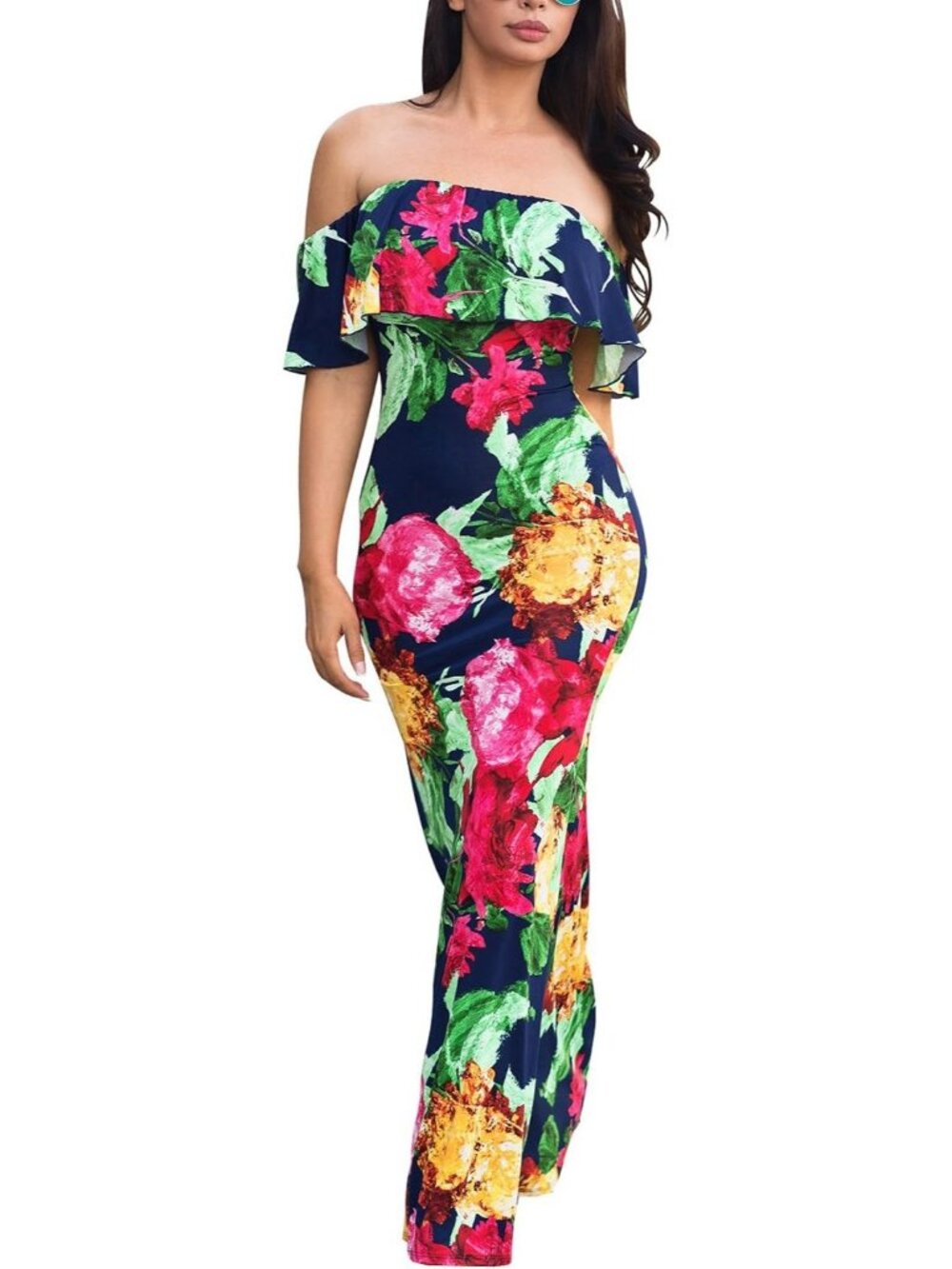 Women's Rose Ruffle Plain Floral Printed Off Shoulder Bodycon Long Maxi Dresses